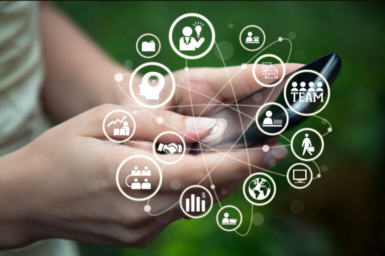 business team network on smart phone.