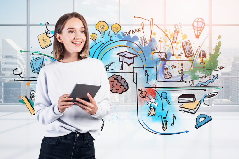 attractive woman in white sweatshirt pondering about education and future perspectives. colourful symbols of educational and learning process behind her. concept of business university